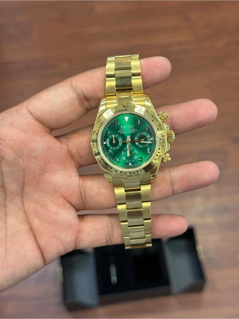 Seiko mod Gold Bracelet Chronograph with Green Dial Arabic Mens watch